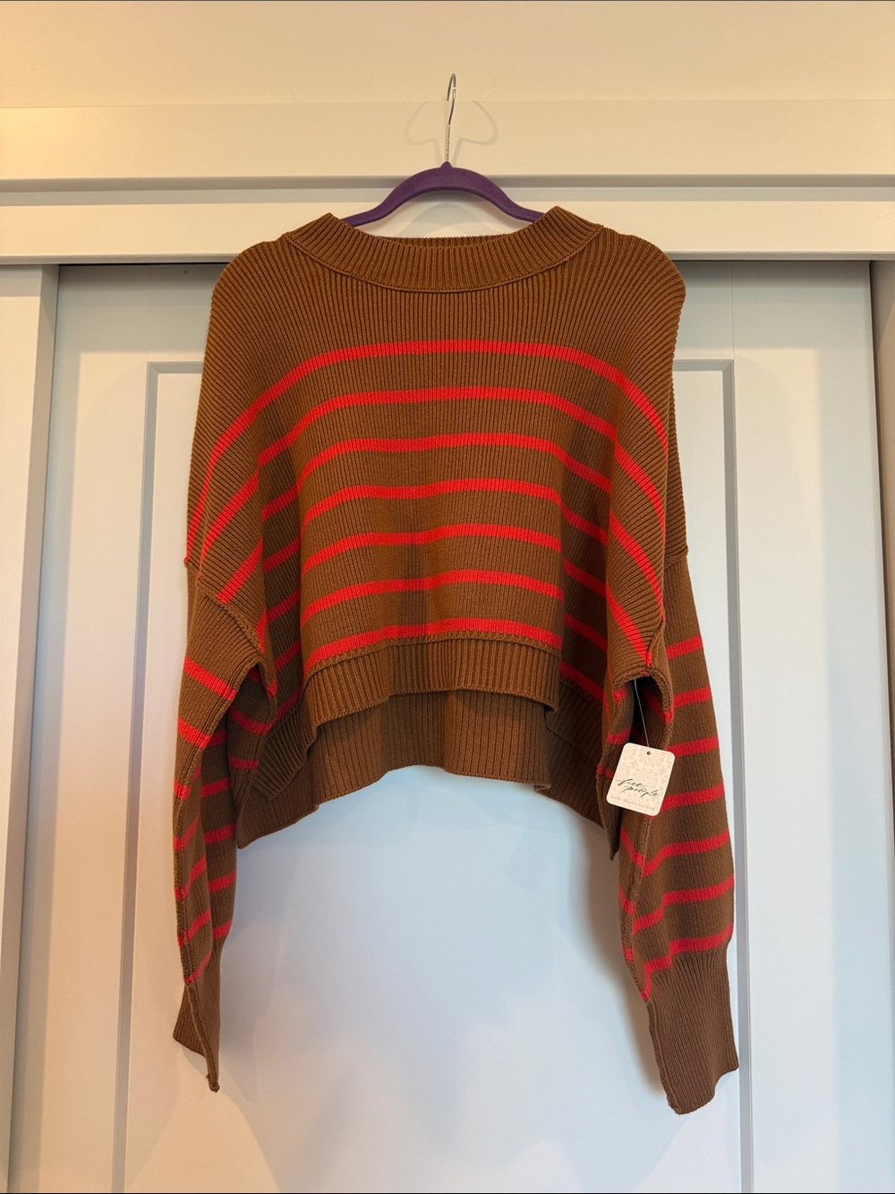 Free People Cropped Brown Sweater with Red Stripes